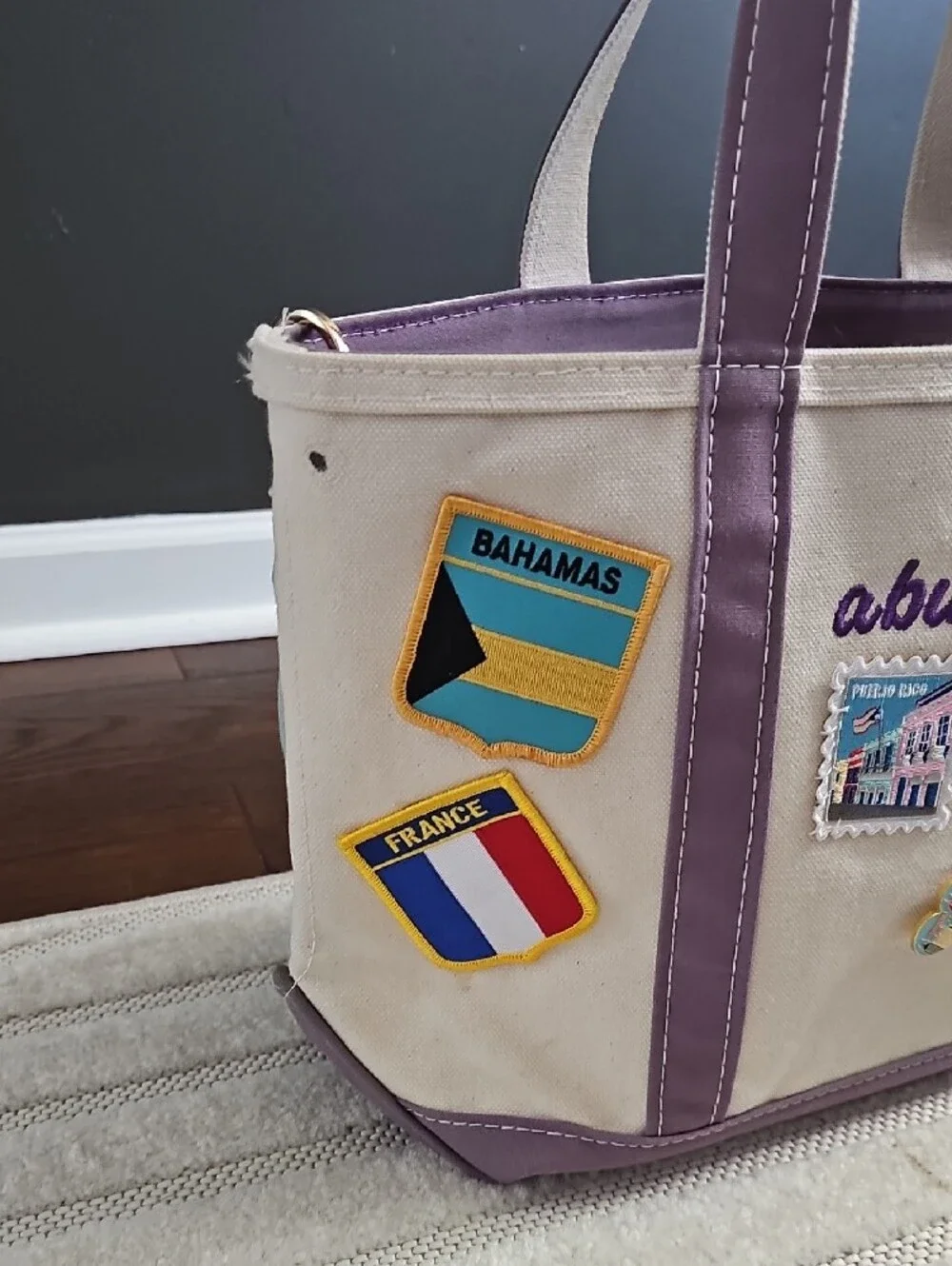 LL BEAN Canvas Tote Bag in Cream and Lavender